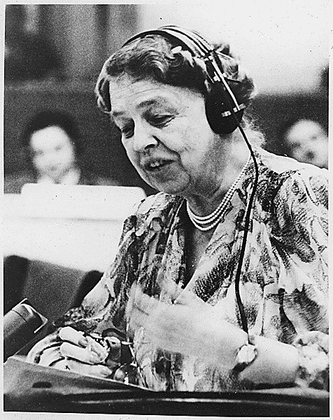 Eleanor Roosevelt speaking at the United Nations in July 1947 (Source: Wikipedia)