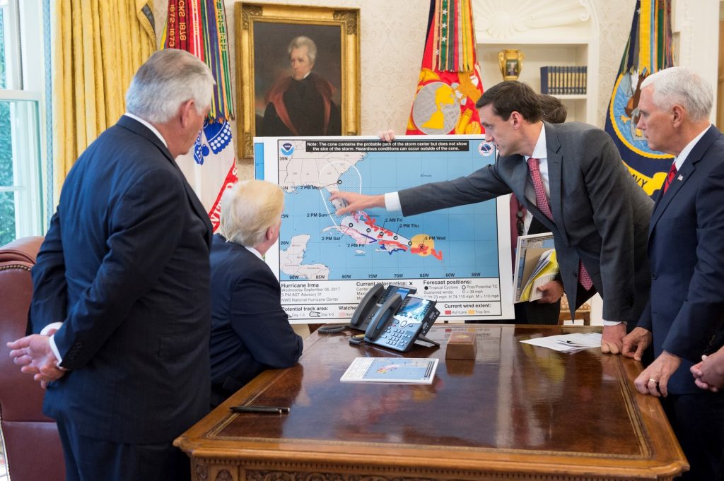 President Trump being briefed on Hurricane Irma, one of the two hurricanes to strike the U.S. Virgin Islands in 2017. Source: The White House