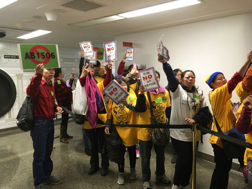 Voters stand in protest of legislation that aims to expand rent control in California outside a legislative hearing in Sacramento, Calif., on Thursday, Jan. 11, 2018. Kathleen Ronayne, Associated Press. (AP Photo/Kathleen Ronayne)