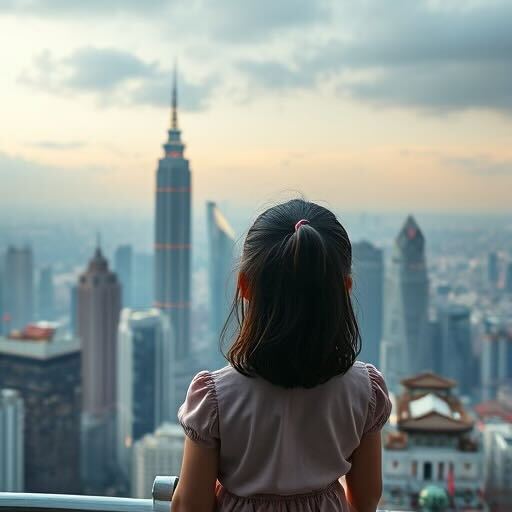 Girl looking at city in the distance.